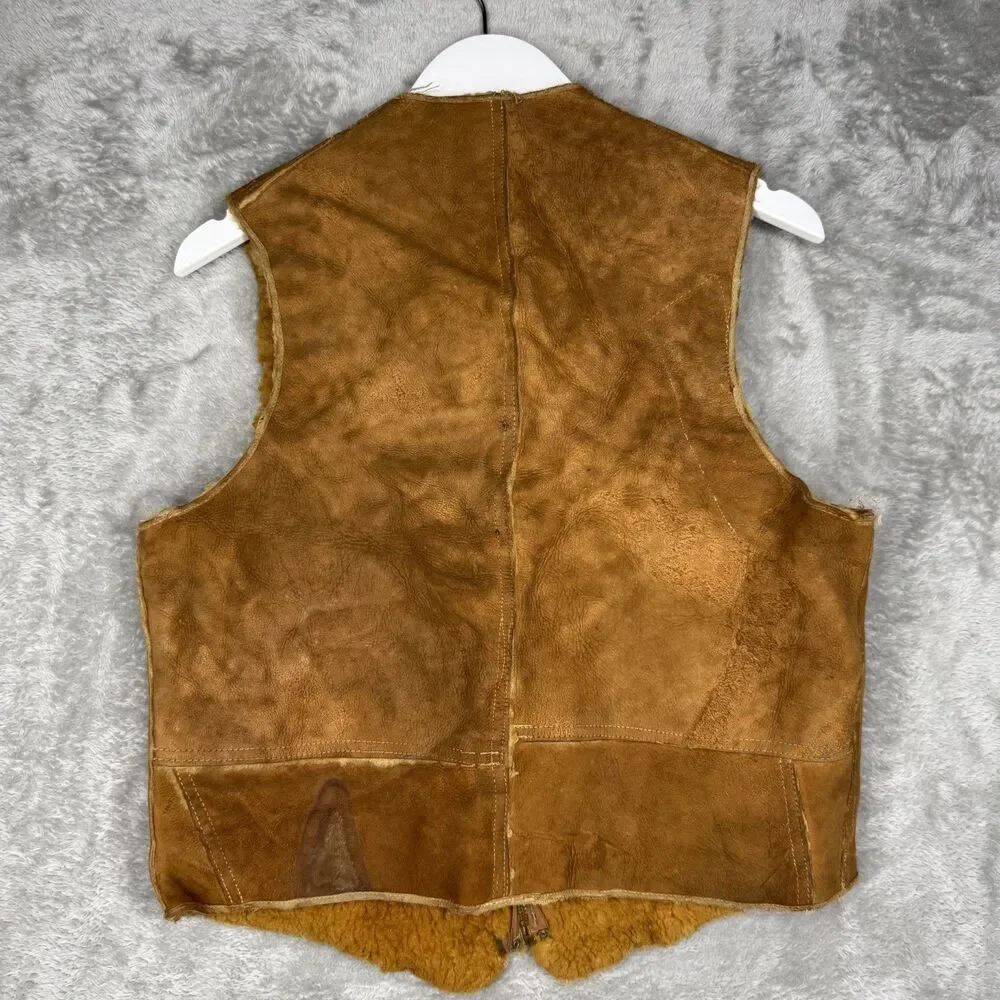 Vintage 1930s Leather Vest Men 38 Shearling Lined USA Talon Zip Brown Western